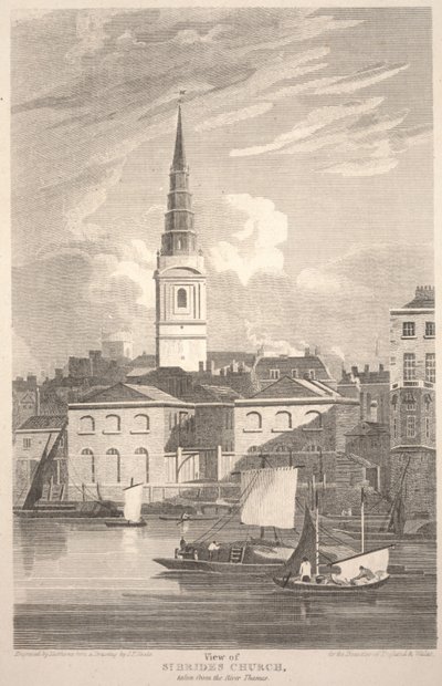 Kilátás a St. Brides templomra, a Temze folyóból, Matthews metszetével alkotó: John Preston Neale