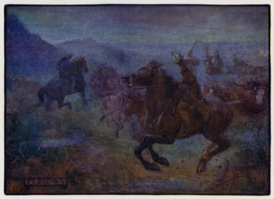 Border Reivers támadása az angol-skót határokon, 16. század eleje alkotó: J. R. Skelton