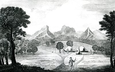 Kilátás a Commodore sátorra Juan Fernandes szigetén, 1745 körül (metszet) alkotó: J. S. Mason