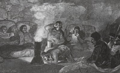 Téli kunyhónk belseje a Camp Clay-ben, főzés közben, 1883-as kocsma. London 1886 alkotó: J. Steeple Davis