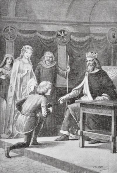 Gareth eljött, hogy a második kegyét kérje, hogy a király lovagjai közé tartozzon, és hogy segíthessen a hölgynek (litho). alkotó: J. Williamson