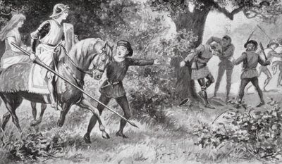 Gareth nekirontott a rablóknak, és olyan bátran lecsapott rájuk, hogy azok elfutottak (litho). alkotó: J. Williamson