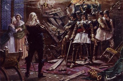 Oliver Cromwell parlamenti katonái betörnek I. Károly király hívének házába (színes litó) alkotó: J. Williamson