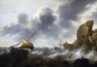 Egy sziklás part közelében viharba került halászhajó, hajótöréssel. Jacob Adriaensz Bellevois (1621-1675) olaj, vászon. alkotó: Jacob Adriaensz. Bellevois