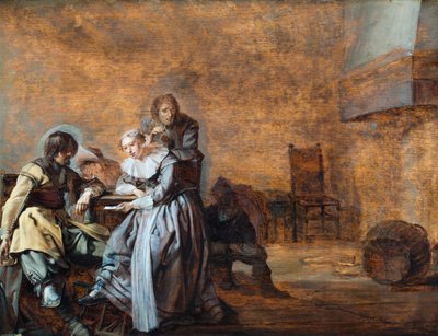 Egy enteriőr lovagokkal és egy kártyázó nővel (olaj, tábla) alkotó: Jacob Duck