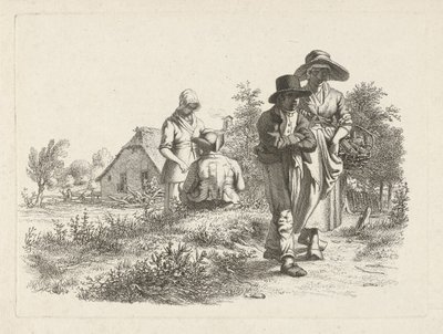 Vak nő és beszélgető alakok egy farmon Tanulmánynyomatok / Etudes gravées (sorozat címe) alkotó: Jacob Ernst Marcus