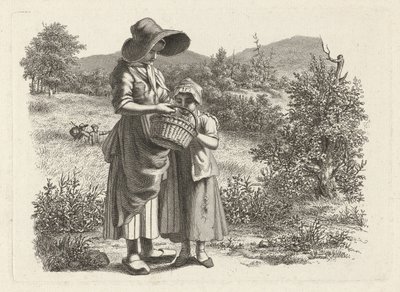 Fiatal nő és egy gyermek keres egy kosárban Tanulmánynyomatok / Etudes gravées (sorozat címe) alkotó: Jacob Ernst Marcus