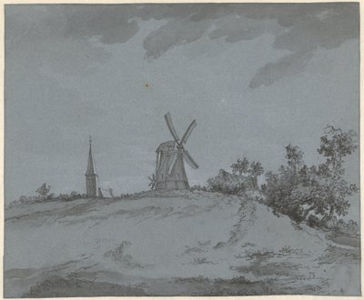 Táj szélmalommal és templommal egy dombon alkotó: Jacob Ernst Marcus