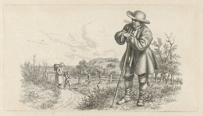 Férfi egy botra támaszkodva és egy nő gyermekkel az országúton Tanulmánynyomtatási munka / Etűdek gravées (sorozat címe) alkotó: Jacob Ernst Marcus