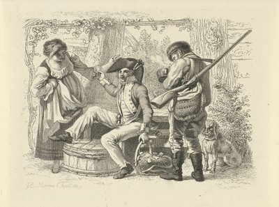 Katona emelt üveggel egy nő és egy vadász között Tanulmánynyomatok / Etudes gravées (sorozat címe) alkotó: Jacob Ernst Marcus
