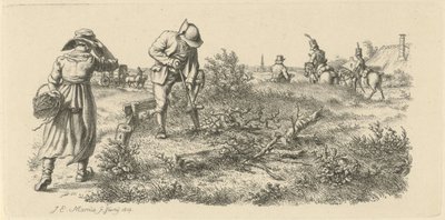 Ásó férfi, egy nő kosárral és katonák lóháton Tanulmánynyomatok / Etudes gravées (sorozat címe) alkotó: Jacob Ernst Marcus