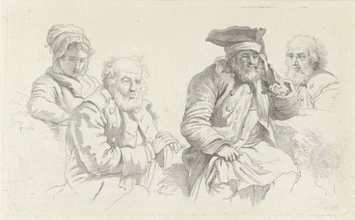 Tanulmányi lap három idős férfival és egy fiatal nővel Tanulmánynyomatok / Etudes gravées (sorozat címe) alkotó: Jacob Ernst Marcus