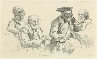 Tanulmányi lap három idős férfival és egy fiatal nővel Tanulmánynyomatok / Etudes gravées (sorozat címe) alkotó: Jacob Ernst Marcus