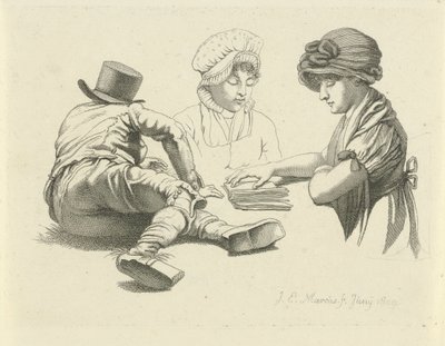 Tanulmányi lap egy fekvő férfival és két hölggyel Tanulmánynyomatok / Etudes gravées (sorozat címe) alkotó: Jacob Ernst Marcus