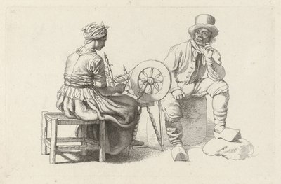 Tanulmányi lap egy nővel a forgó keréknél és egy ülő férfival Tanulmánynyomatok / Etudes gravées (sorozat címe) alkotó: Jacob Ernst Marcus
