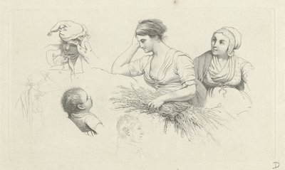 Tanulmányi lap egy nővel, egy köteg ággal és figurával Tanulmánynyomatok / Etudes gravées (sorozat címe) alkotó: Jacob Ernst Marcus