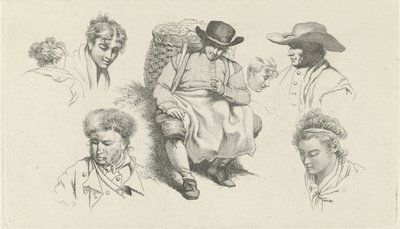 Tanulmánylap figurákkal és pihenő halkereskedő pipával Tanulmánynyomatok / Etudes gravées (sorozat címe) alkotó: Jacob Ernst Marcus
