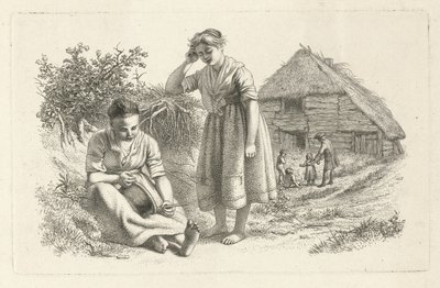 Két nő és egy férfi gyermekekkel egy istálló előtt Tanulmánynyomatok / Etudes gravées (sorozat címe) alkotó: Jacob Ernst Marcus