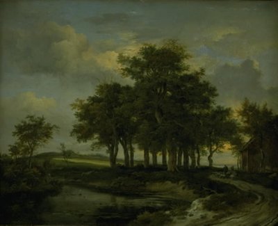 Tölgyfák egy út közelében, este alkotó: Jacob van Ruisdael