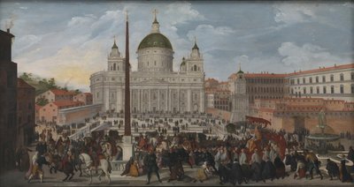 Pápai körmenet a Piazza San Pietro-n Rómában alkotó: Jacob Isaacsz. van Swanenburg