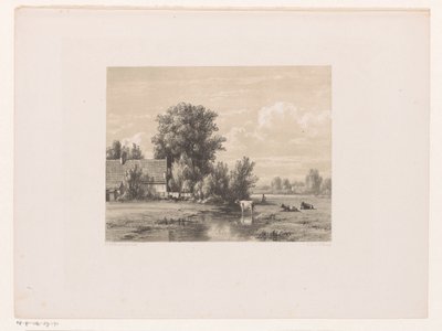 Táj farm és tehén a vízben alkotó: Jacob Jan van der Maaten