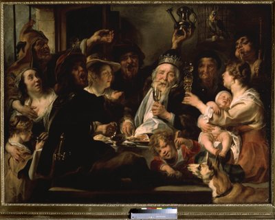 A királyok ünnepe. A babkirály (The Feast of the Bean King). A „babkirály ünnepe”-nek is nevezett csoport groteszk arckifejezésű, némelyik bolondnak öltözött, és a középen álló király egészségére iszik, aki a koronát viseli. alkotó: Jacob Jordaens