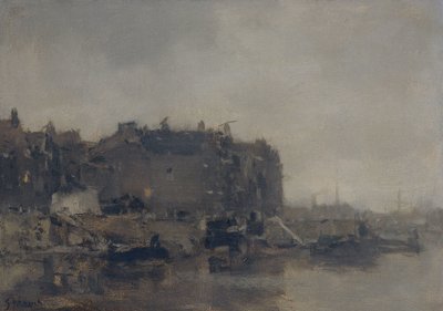 Házak a Prins Hendrikkade-ban, Amszterdamban, egy ködös napon alkotó: Jacob Maris