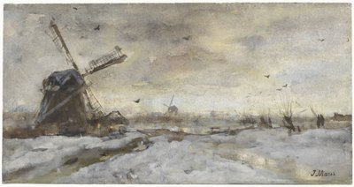 Táj szélmalommal a hóban alkotó: Jacob Maris