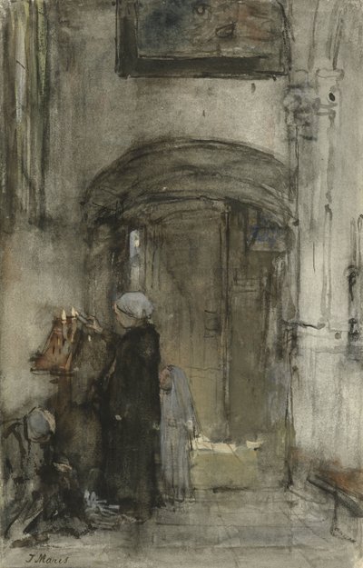 Halászasszony a lányával „menyasszonyként” meggyújt egy templomi gyertyát alkotó: Jacob Maris