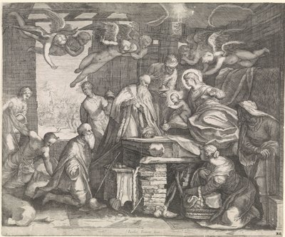A királyok imádása angyalokkal alkotó: Jacob Matham (workshop of)