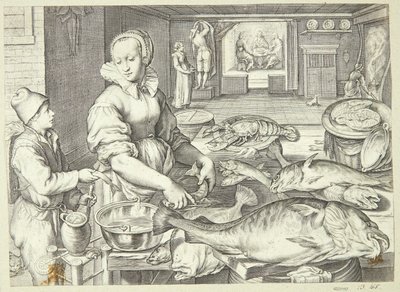 Konyhai jelenet halat tisztító konyhahölggyel alkotó: Jacob Matham