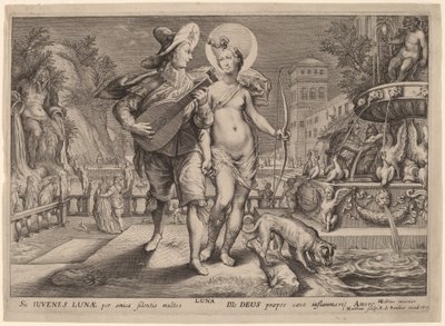Diana mint Luna, aki egy fiatal férfit kísér szerenádon alkotó: Jacob Matham, after Hendrik Goltzius