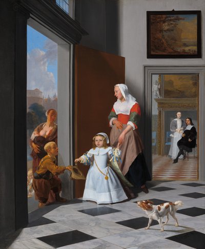 Egy nővér és egy gyermek egy elegáns előcsarnokban alkotó: Jacob Ochtervelt