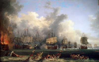 A St. Evstafius orosz csatahajó elsüllyedése a cseszmai tengeri csatában, 1771. alkotó: Jacob Philipp Hackert