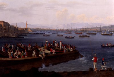 A Nápolyi-öböl Santa Lucia közelében az Algírból visszatérő haditengerészeti flottákat mutatja be alkotó: Jacob Philippe Hackert