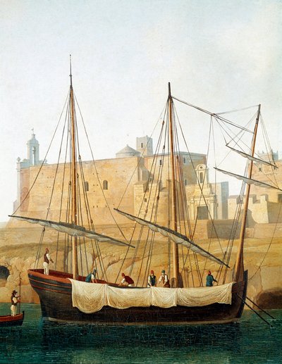 Kilátás egy hajóra Monopoli kikötőjében, Puglia, Olaszország - (Hajó Monopoli kikötőjében) Jacob Philipp Hackert festménye Hackert d