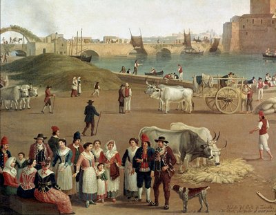 Kilátás a Taranto kikötőre, a kereskedelmi tevékenységek részlete, a munkások és a hagyományos öltözetű emberek (Festészet alkotó: Jacob Philippe Hackert