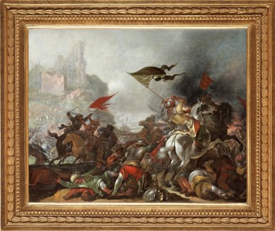 Törökök és keresztények harca Konstantinápoly oszmán hadsereg általi elfoglalásakor 1453-ban - Jacob Matthias Weyer (1620-1670) festménye, olaj, fa (39x49 cm) - A török ​​háború, Jacob Matthias Weyer olaj fára - Magángyűjtemény alkotó: Jacob Weyer