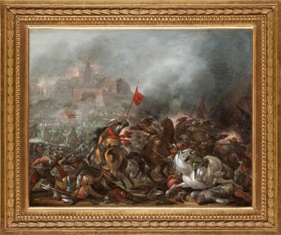 Törökök és keresztények harca Konstantinápoly oszmán hadsereg általi elfoglalásakor 1453-ban - Jacob Matthias Weyer (1620-1670) festménye, olaj, fa (39x49 cm) - A török ​​háború, Jacob Matthias Weyer olaj fára - Magángyűjtemény alkotó: Jacob Weyer