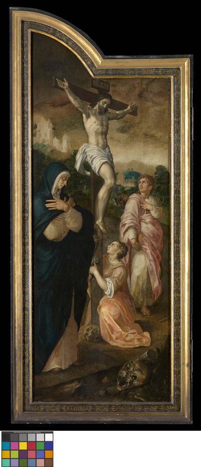 A keresztre feszítés (bal szárny), A prófécia Ezékiás felépüléséről (középső panel), Jacob Delrio apát a védőszenttel (jobb szárny), Lázár feltámasztása (grisaille, a külső szárnyak hátsó oldala). alkotó: Jacob de Backer
