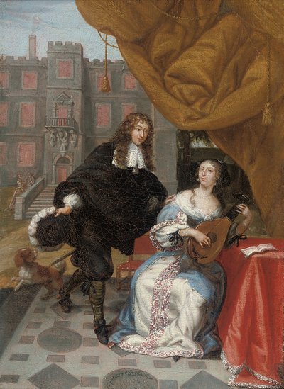 Egy udvarban muzsikáló hölgynek udvarol úriember, 1668 alkotó: Jacob de Fourmentrou