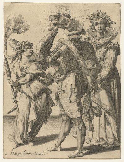 Egy bekötött szemű Ámor fáklyával ünnepi öltözékben pár előtt The Masquerades (sorozat címe) alkotó: Jacob de Gheyn (II) (workshop of)