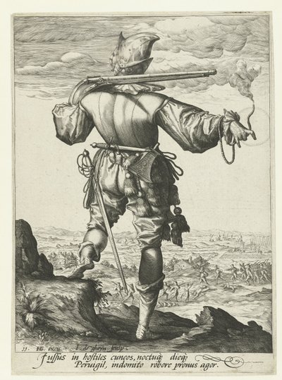 Muskétás (harquebusier?) sisakkal Tisztek és katonák (sorozat címe) alkotó: Jacob de Gheyn (II)
