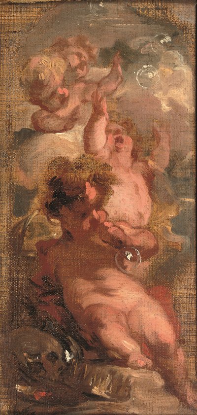 Vanitas allegóriája: Négy putti buborékot fújva, egy koponya, egy művészpaletta és egy korona a közelben (olaj, vászon a táblán) alkotó: Jacob de Wit