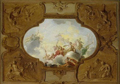 Mennyezeti festmény tervezése Aeneas apoteózisával, a sarkokban a Négy évszak alkotó: Jacob de Wit