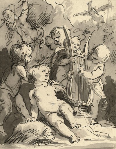 Putti lírán játszik (piros kréta, toll és fekete tinta és szürke mosás) alkotó: Jacob de Wit