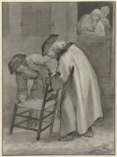 Két kalapos férfi néz egy gyékényszékre alkotó: Jacob de Wit