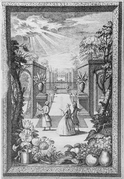 A „Catalogus Plantarum” előlapja, Henry Fletcher metszete (fl. 1729 körül), a Gardeners Society kiadásában alkotó: Jacob van (after) Huysum
