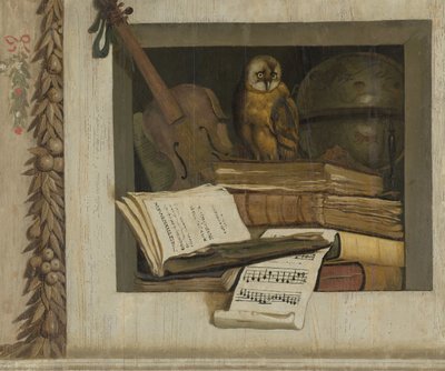 Csendélet könyvekkel, kottákkal, hegedűvel, égi földgömbbel és bagollyal alkotó: Jacob van Campen