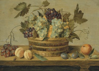 Nektarin és szőlő egy kosárban egy asztalon, szilvával, naranccsal, pillangóval és bogárral. alkotó: Jacob van Hulsdonck